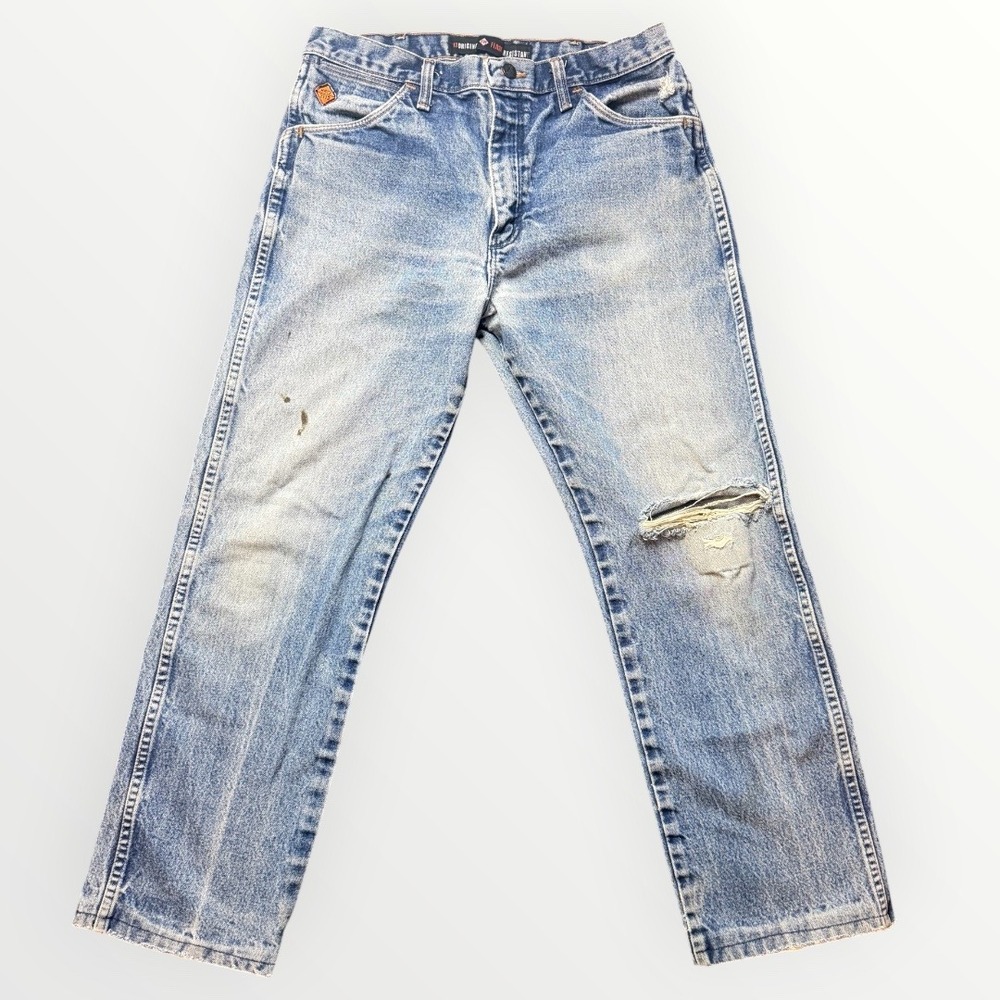 Wrangler FR Flame Resistant 13MWZ Original Fit Jeans Light Wash 33x32 Distressed